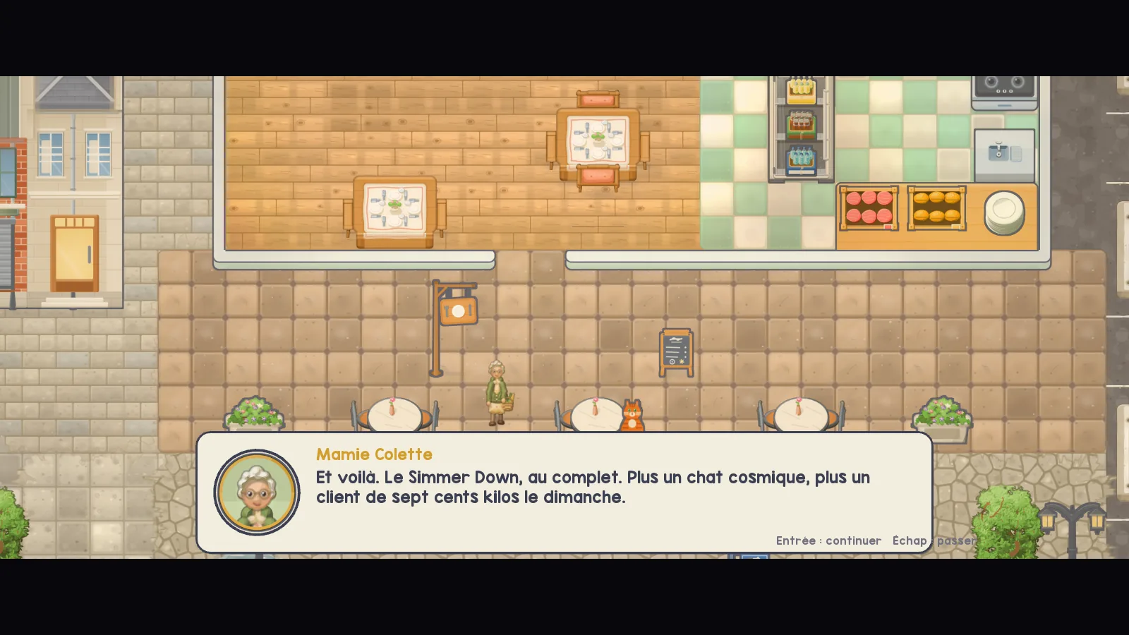 Une scène de dialogue avec Mamie Colette devant le restaurant