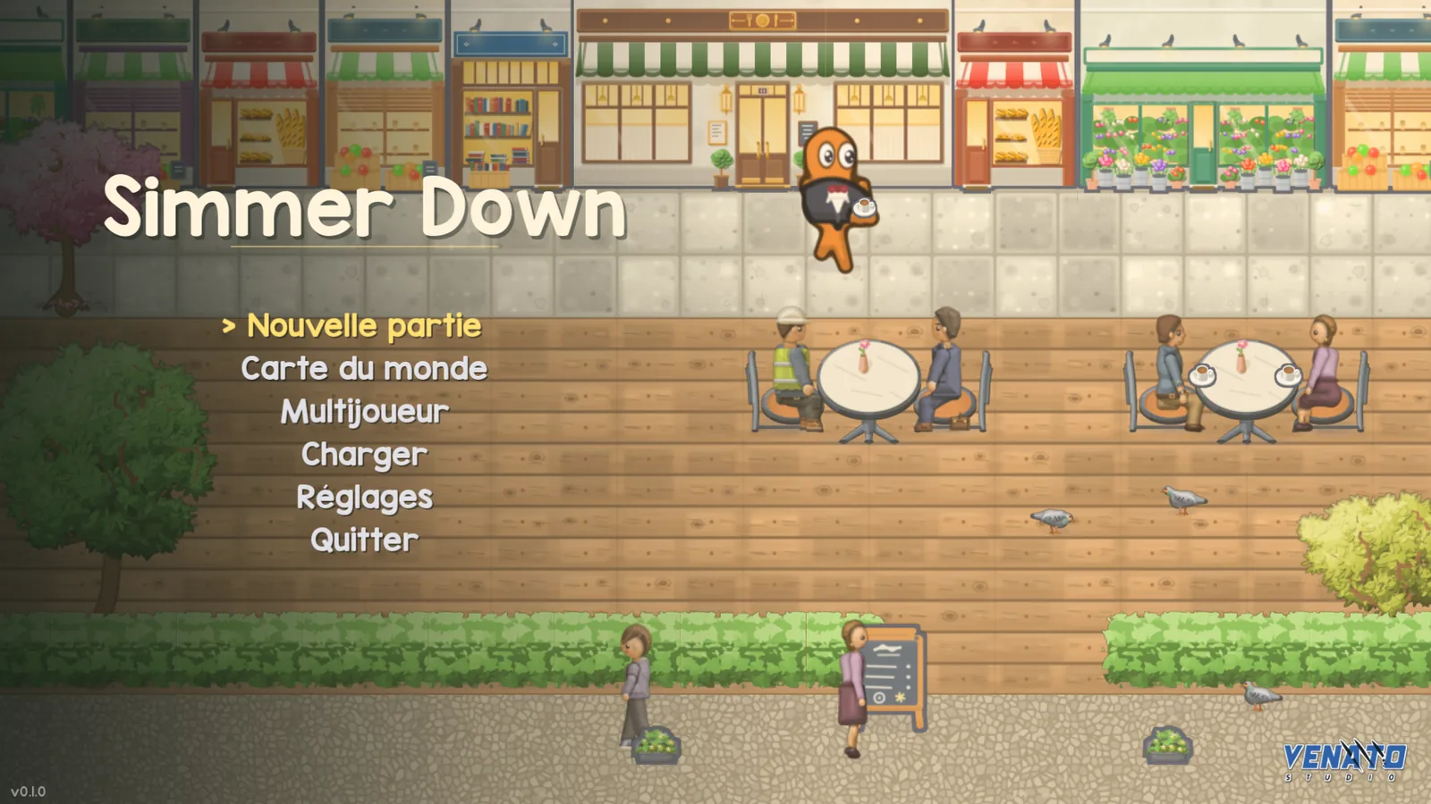 L’écran-titre de Simmer Down : la terrasse d’un café, un serveur qui pose une tasse